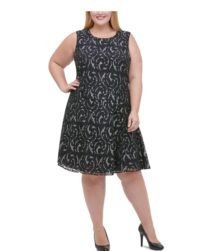 Front of a model wearing a size 20W Tommy Hilfiger Women's Plus Metallic Lace Fit Flare Dress Black Size 20W in Black by Tommy Hilfiger. | dia_product_style_image_id:312549